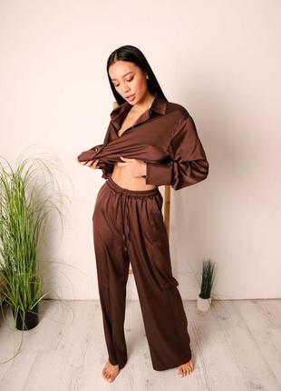 Домашний костюм женская  шелковая пижама сакура коричневый оверсайз шоколад4 фото
