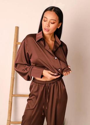 Домашний костюм женская  шелковая пижама сакура коричневый оверсайз шоколад3 фото