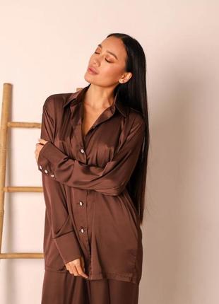 Домашний костюм женская  шелковая пижама сакура коричневый оверсайз шоколад5 фото