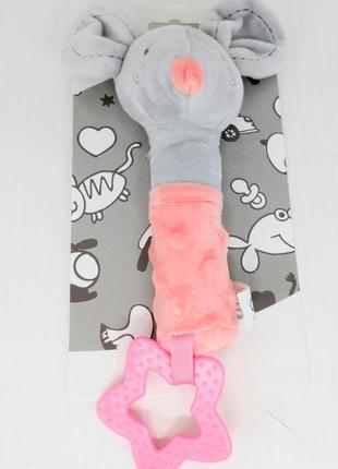 Погремушка пищалка мягка с прорезывателем мышка, на планшете 23*12см, 9211