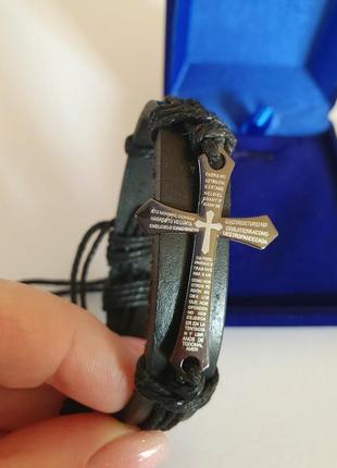 Мужской кожаный браслет с крестом2 фото