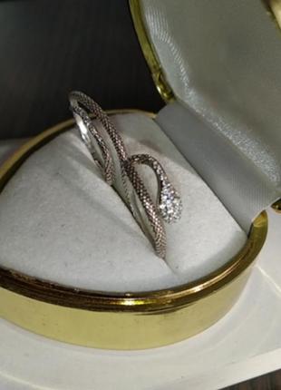 Серебряное двойное кольцо змея с полями стразами8 фото