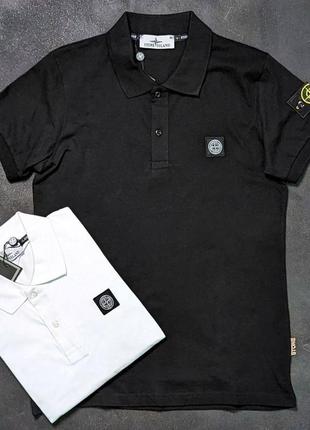 Поло stone island  черная / белая мужская футболка