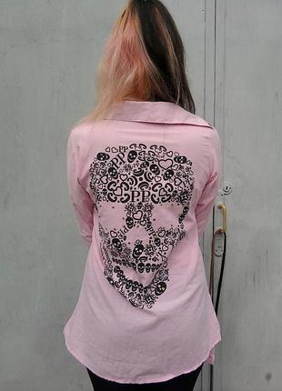 Рубашка розовая оверсайз блузка женская блуза с камушками сзади череп крутая печать емо