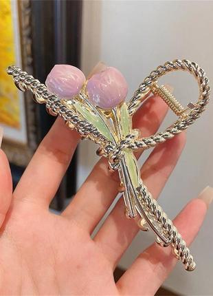 Заколка крабик металический плетеный серебряного цвета с сиреневыми тюльпанами зажим для волос