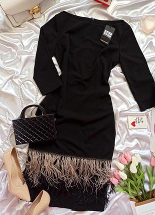 Изысканное черное платье миди со страусиными перьями/ по фигуре / приталенное4 фото