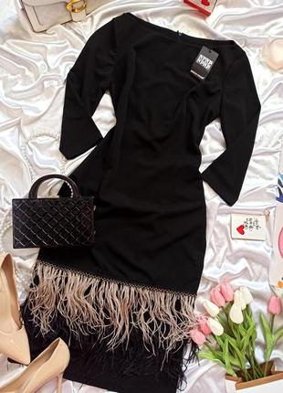 Изысканное черное платье миди со страусиными перьями/ по фигуре / приталенное7 фото
