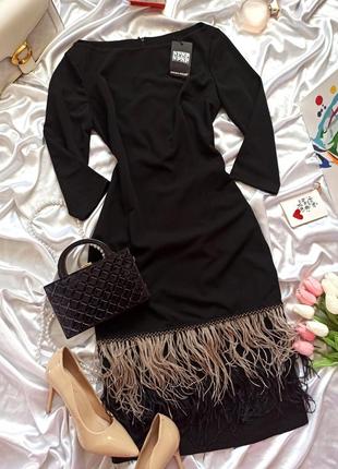 Изысканное черное платье миди со страусиными перьями/ по фигуре / приталенное8 фото