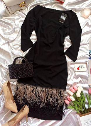Изысканное черное платье миди со страусиными перьями/ по фигуре / приталенное10 фото
