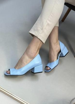 Удобные голубые туфли низкий каблук 36-41 натуральна кожа замш
