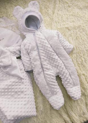 Демисезонный плюшевый комплект одежды для новорожденных, белый3 фото