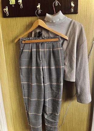 Брюки серые лёгкие принт клетка