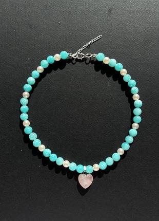 Бусы ручной работы с акаамарина, аквамарин, розовый кварц , сердце подвеска