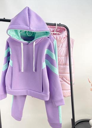 Костюм на флісі теплий з капюшоном лавандовий з вставками