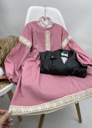 Платье пудровое из льна с кружевом нежное платье с стиле бохо5 фото