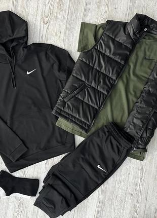 Демісезонний спортивний костюм nike чорний худі + штани (двонитка) + футболка хакі nike + жилетка + шкарпетки