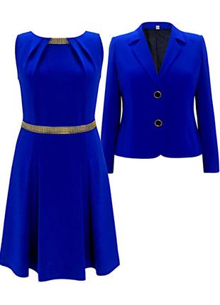 Нарядний костюм ( сукня + жакетик) з важкого шовку яскраво - синього кольору1 фото
