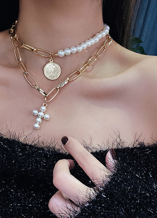 Ланцюжок великий ланцюг кольє намисто два ланцюжки з штучн. перлами хрестом нове якісне