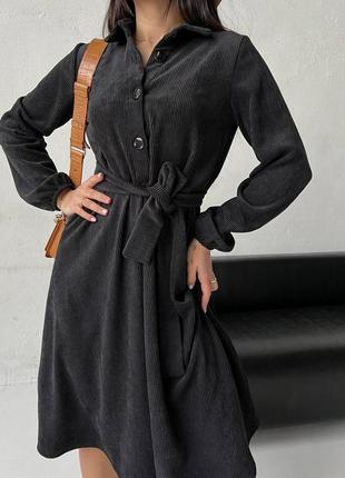 Платье черное однотонное на длинный рукав с поясом на пуговицах в составе свободного кроя стильная качественный турецкий велюр2 фото