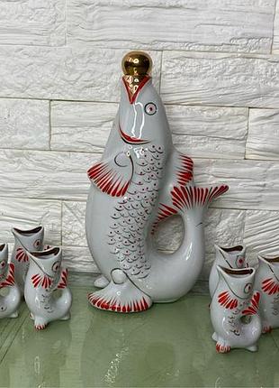 Семейство карповых🐠 графин ссср советский набор рыбок белый бутыль фарфор винтаж позолота