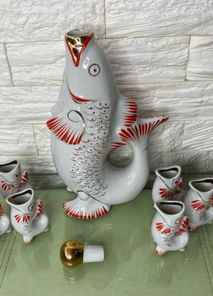 Семейство карповых🐠 графин штоф полонное ссср советский набор рыбок белый бутыль фарфор винтаж позолота2 фото