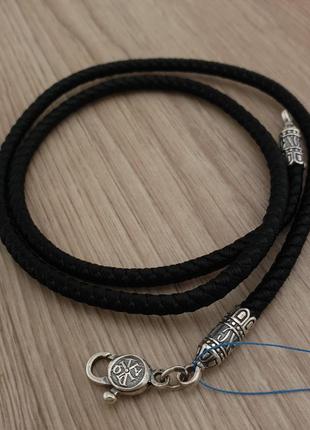 Толстый шелковый шнурок на шею с серебряным замком. мужская цепочка шелк + черненое серебро 925 55 см