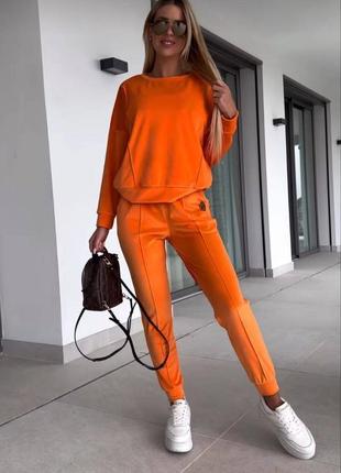 Костюм спортивный женский турецкий велюр оранжевый однотонный топ на брителях оверсайз свитшот брюки джоггеры на высокой посадке стильный качественный