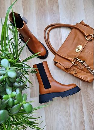Шкіряні черевики високі на платформі zara шкіряні челсі рижі на товстій підошві зубчастій коричневі черевики жіночі zara