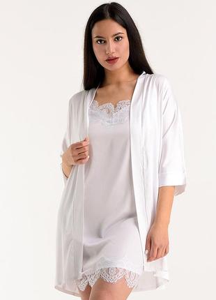 Атласный комплект для дома халат с кружевом+пеньюар атлас шелк белый,красивая домашняя одежда