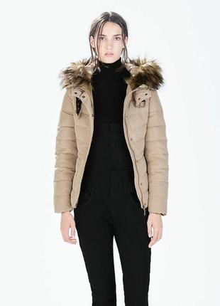 Теплий жіночий стьобаний пуховик zara куртка пух з капюшоном