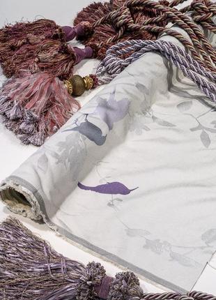 Ткань для штор белая с фиолетовыми птичками