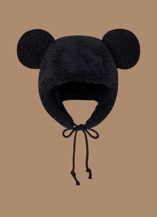 Шапка-ушанка медведь с ушками (панда, мишка, тедди, капюшон) с завязками черная, унисекс wuke one size1 фото