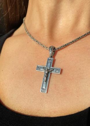 Срібний хрестик великий чорний на товстий ланцюжок 4см