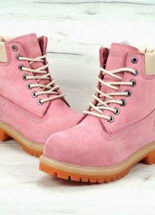 Жіночі черевики тімберленд на хутрі в рожевому кольорі1 фото
