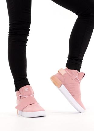 Женские высокие замшевые кроссовки(36-40)adidas tubular invader strap pink (адидас тубулар розового цвета)4 фото