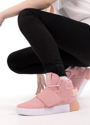 Женские высокие замшевые кроссовки(36-40)adidas tubular invader strap pink (адидас тубулар розового цвета)8 фото