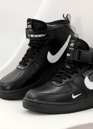 Зимние кожаные кроссовки nike air force 1 mid tm black (теплые кроссовки на меху найк аир форс черные)422 фото