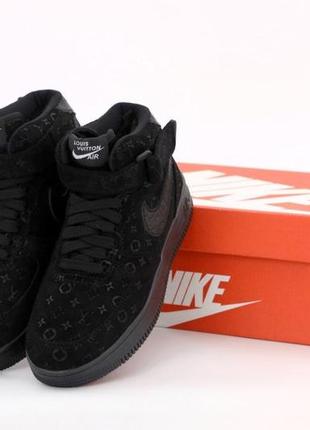 Зимові шкіряні та чоловічі кросівки з хутром nike air force 1 louis vuitton black