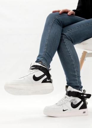 Зимние высокие кожаные кроссовки nike air force 1 mid tm white (найк аир форс белые)36-3910 фото