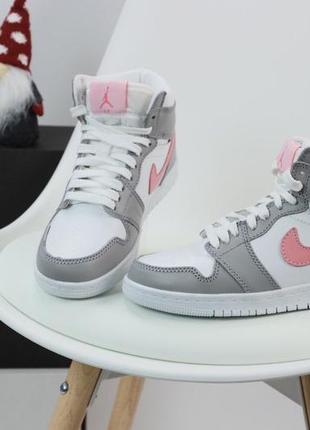 Кожаные зимние кроссовки на меху nike air jordan 1 retro grey white (найк аир джордан бело-серые)(36-41)7 фото