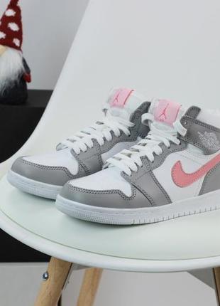 Кожаные зимние кроссовки на меху nike air jordan 1 retro grey white (найк аир джордан бело-серые)(36-41)4 фото