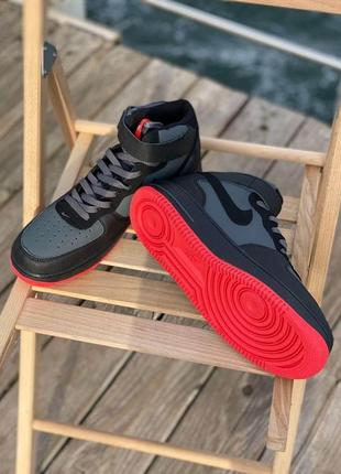 Чоловічі високі кросівки nike air force hight black grey red (кросівки найк аир форс чорного кольору)417 фото