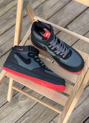 Чоловічі високі кросівки nike air force hight black grey red (кросівки найк аир форс чорного кольору)415 фото