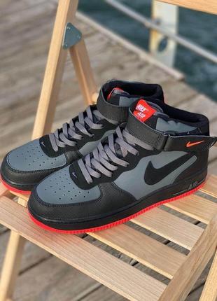 Чоловічі високі кросівки nike air force hight black grey red (кросівки найк аир форс чорного кольору)413 фото