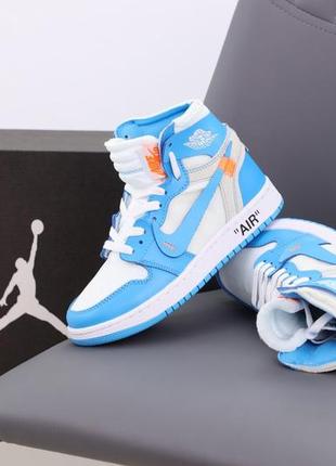 Женские баскетбольные высокие кроссовки nike air jordan 1 off white mid blue (найк аир джордан офф голубые)7 фото