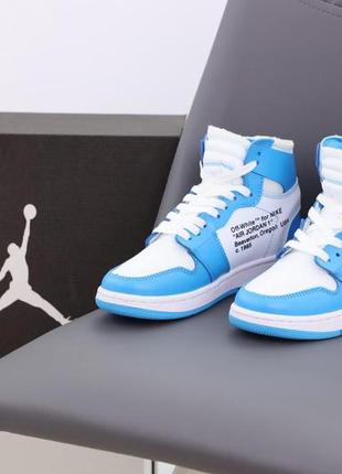 Женские баскетбольные высокие кроссовки nike air jordan 1 off white mid blue (найк аир джордан офф голубые)6 фото