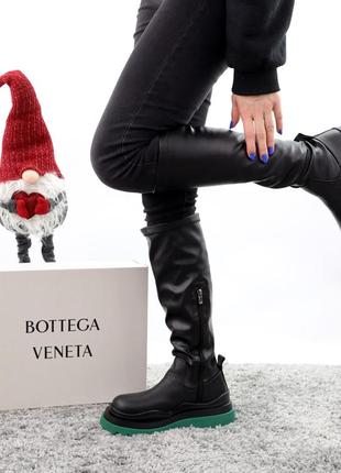 Зимові шкіряні високі чоботи bottega veneta black green (сапоги на хутрі та на блискавці боттега чорно-зелені)374 фото