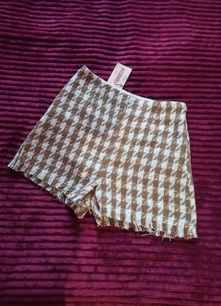 Твидовая юбка - шорты, бежевая молочная коричневая юбка мини короткая базовая качественная теплая гусиная лапка в клетку1 фото