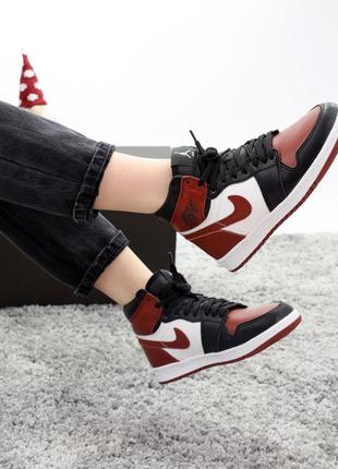 Высокие зимние кроссовки на меху nike air jordan 1 retro black red white (найк джордан)381 фото