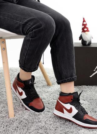 Високі зимові кросівки на хутрі nike air jordan 1 retro black red white (найк джордан)389 фото